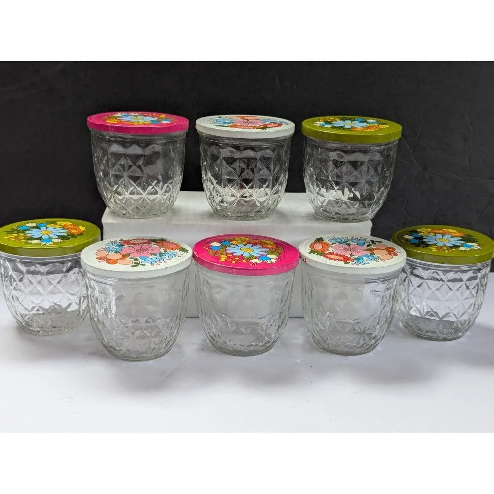 VTG 8 Ball Quilted Crystal Glass Jelly Jars with Metal Flower Lids 1970s